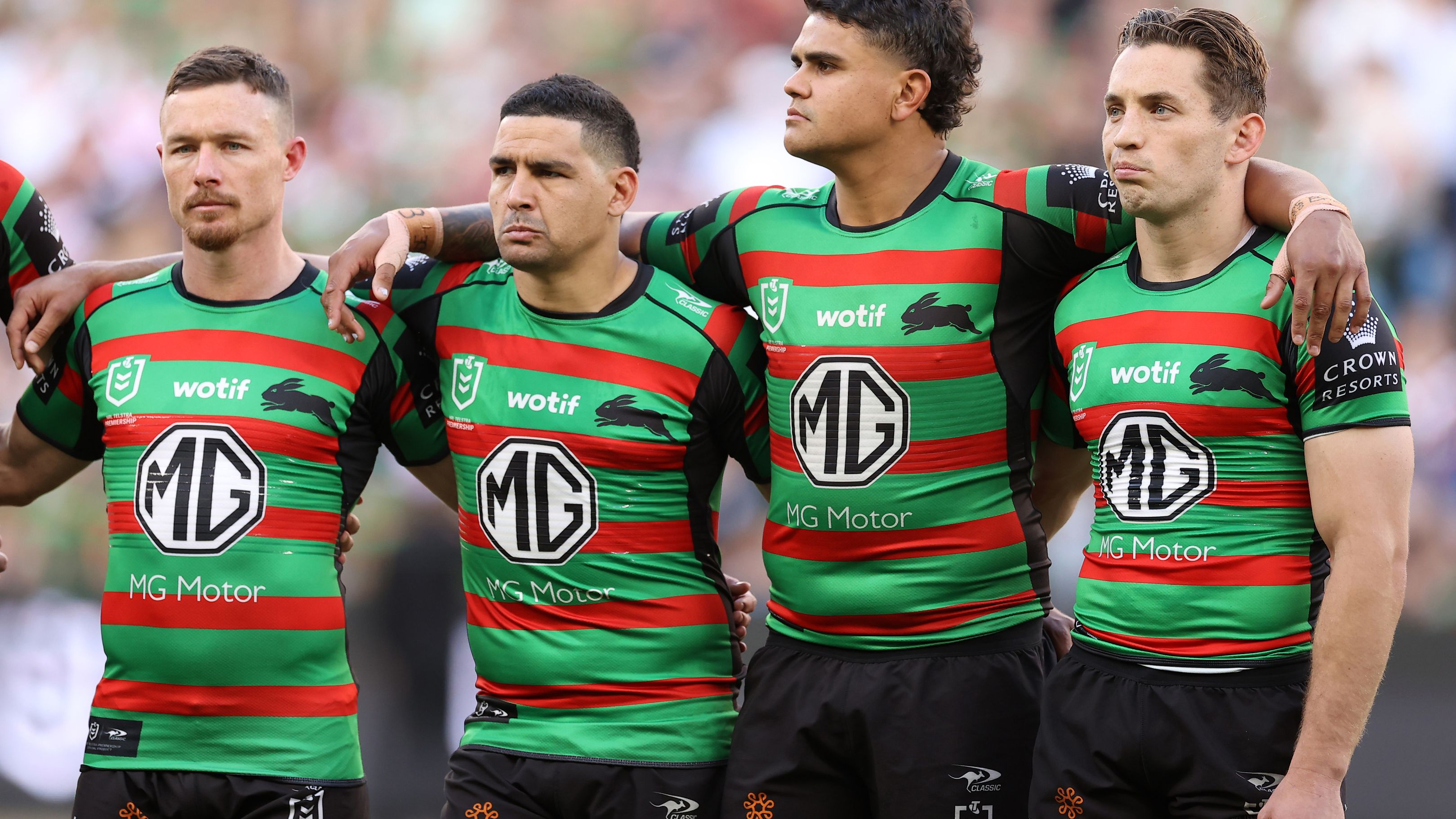 Damien Cook, Cody Walker, Latrell Mitchell and Cameron Murray of the Rabbitohs.