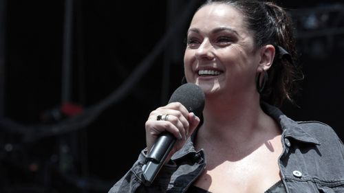  Comedian Celeste Barber addresses the crowd during Fire Fight Australia at ANZ Stadium on February 16, 2020 in Sydney, Australia. (Photo by Cole Bennetts/Getty Images)