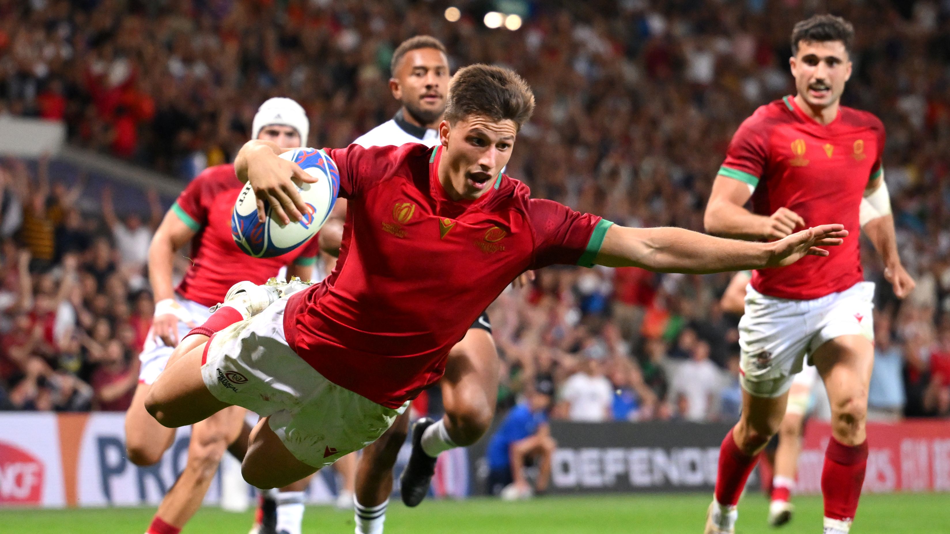 Rodrigo Marta scores the winning try for Portugal to seal a famous victory over Fiji.