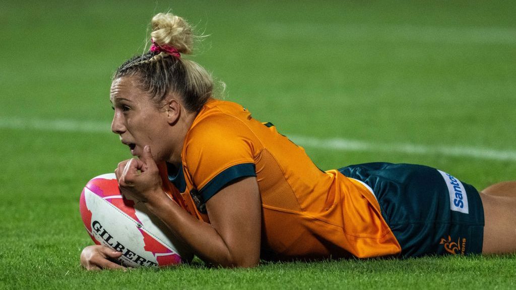 Teagan Levi of Australia reacts after scoring a try in the final.