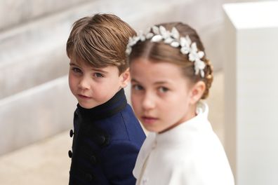 LONDON, ENGLAND - MAY 06: Prince Louis and Princess Charlotte arrive ahead of the Coronation of King Charles III and Queen Camilla on May 6, 2023 in London, England. The Coronation of Charles III and his wife, Camilla, as King and Queen of the United Kingdom of Great Britain and Northern Ireland, and the other Commonwealth realms takes place at Westminster Abbey today. Charles acceded to the throne on 8 September 2022, upon the death of his mother, Elizabeth II. (Photo by Dan Charity - WPA Pool/