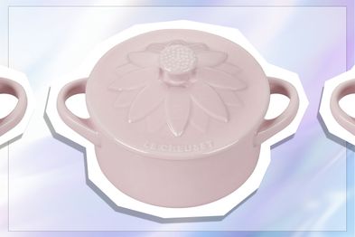 9PR: Le Creuset Stoneware Mini Round Cocotte with Flower Lid, Chiffon Pink, 237mL