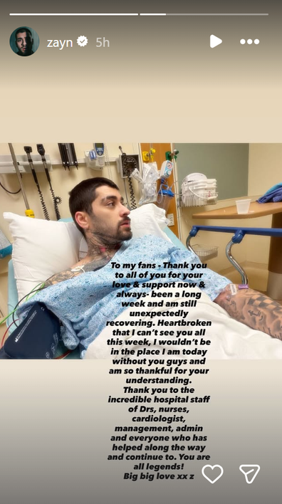 Zayne Malik posts on instagram from his hospital bed