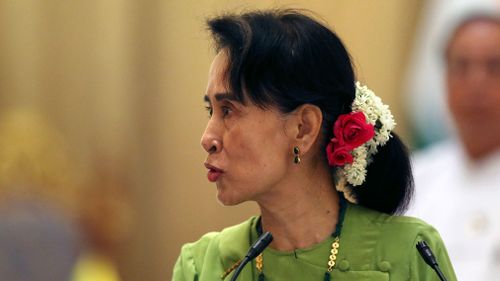 Myanmar's State Counsellor Aung San Suu Kyi talks with journalists during their press conference at the President House in Naypyitaw, Myanmar, Wednesday, Sept 6. (AAP)