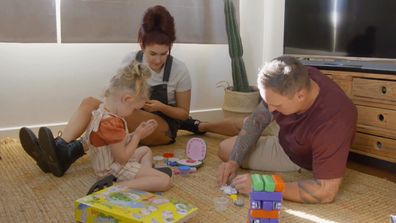 The Block 2020 couple Jimmy and Tam playing with their daughter Frankie at home. 