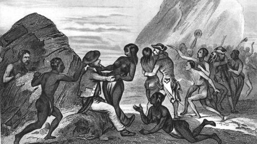 An illustration from La Perouse's voyage, captioned: 'While the women of Easter Island pestered the soldiers and sailors, the men stole their handkerchiefs and their hats'.