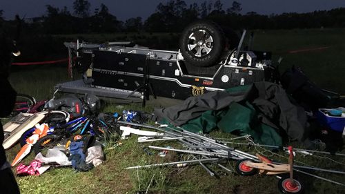 An overturned trailer at Yamba Holiday Park. (9NEWS/Sam Cucchiara)