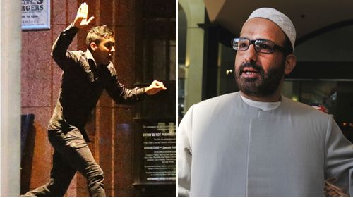 Hostage Joel Herat escapes the Lindt cafe (left) and gunman Man Haron Monis. (Getty/AAP)