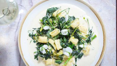 Hearth & Soul gnocchi with pea tendrils, broad bean shoots and a green garlic cream