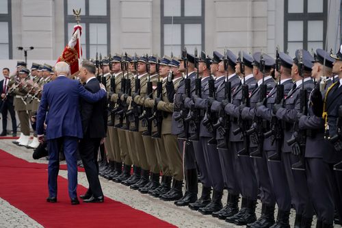 President Joe Biden participates in an arrival ceremony with Polish President Andrzej Duda at the Presidential Palace, Saturday, March 26, 2022, in Warsaw.