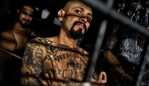 Tattooed members of the MS-13 gang in an El Salvador prison. (AP).