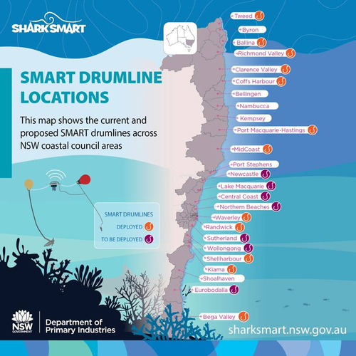 Where SMART drumlines have, and will be, deployed in NSW.
