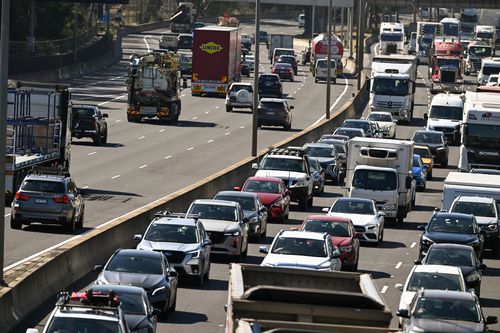 Cars and trucks, inbound traffic on the Monash freeway M1. 7th March 2025, 