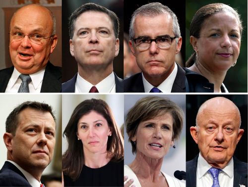 Mr Trump says he is reviewing security clearances for nine other individuals, including the eight pictured, alongside former FBI Director James Comey.