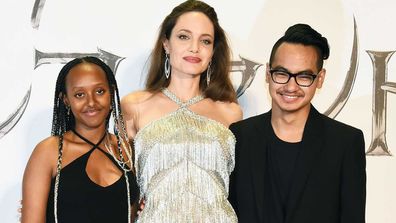 Zahara Marley Jolie-Pitt, Angelina Jolie and Maddox Jolie-Pitt attend the Japan premiere of 'Maleficent: Mistress of Evil' at Roppongi Hills arena on October 3, 2019 in Tokyo, Japan.