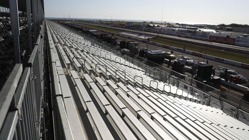 The grandstands are empty overlooking pit lane during the opening day of the Firestone Grand Prix of St. Petersburg.