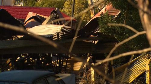 A fire ripped through two sheds south east of Adelaide at 3.30am. Picture: 9NEWS