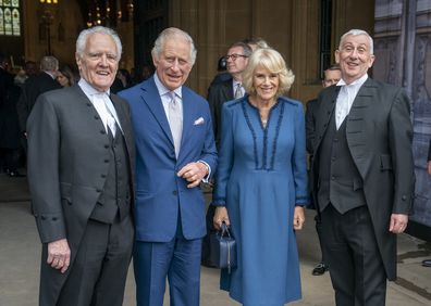 King Charles III and Camilla, Queen Consort pose with House of Lords Lord Mcfaull of Alcluith (left) and The Speaker of the House of Commons, The Rt Hon Sir Lindsay Hoyle (right) as the King and the Queen Consort attend Westminster Hall Reception at Westminster Hall on May 2, 2023 in London.