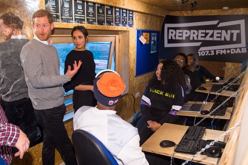 Prince Harry and Meghan Markle during a visit to youth-orientated radio station, Reprezent FM, in Brixton. (AAP)