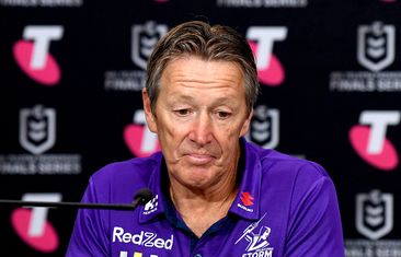 Coach Craig Bellamy of the Melbourne Storm speaks during a press conference.