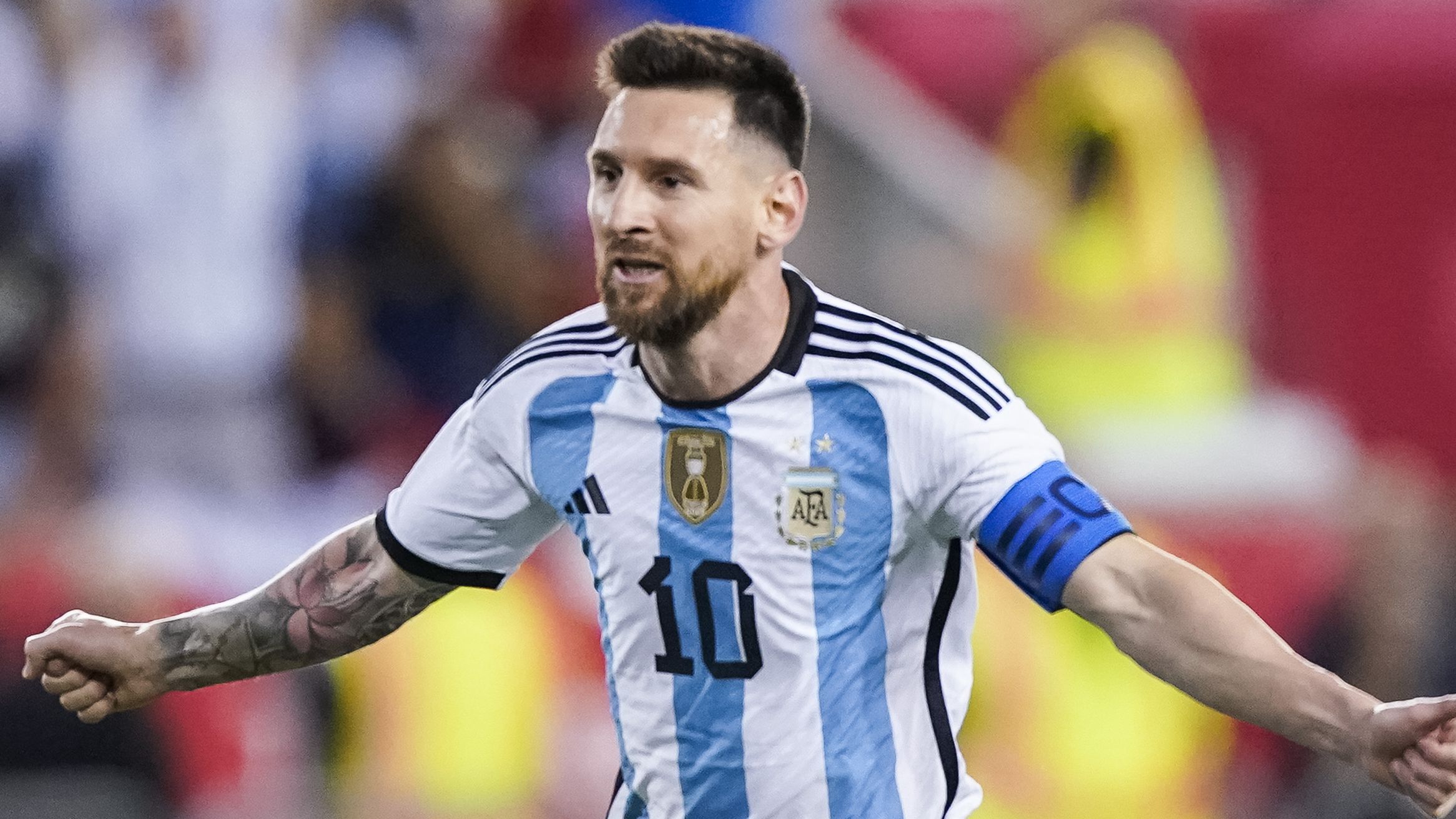 Argentina&#x27;s Lionel Messi celebrates a goal.