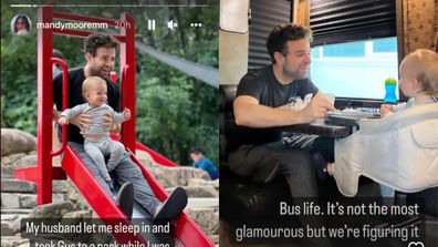 Left: Taylor goldsmith going down red slide with son Gus on his lap. Right: Taylor Goldsmith smiling at his son who is sitting in a high chair inside a tour bus.