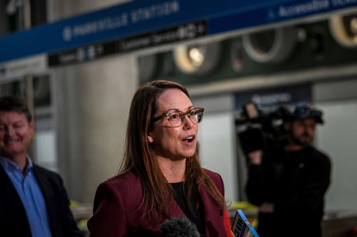 Treasurer Jaclyn Symes joined the Premier and dozens of young future taxpayers to show off Parkville Station.