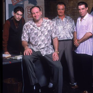 (L-R) Actors Michael Imperioli, Jmaes Gandolfini, Tony Siroco & Steve Van Zandt in scene from HBO cable TV series The Sopranos.