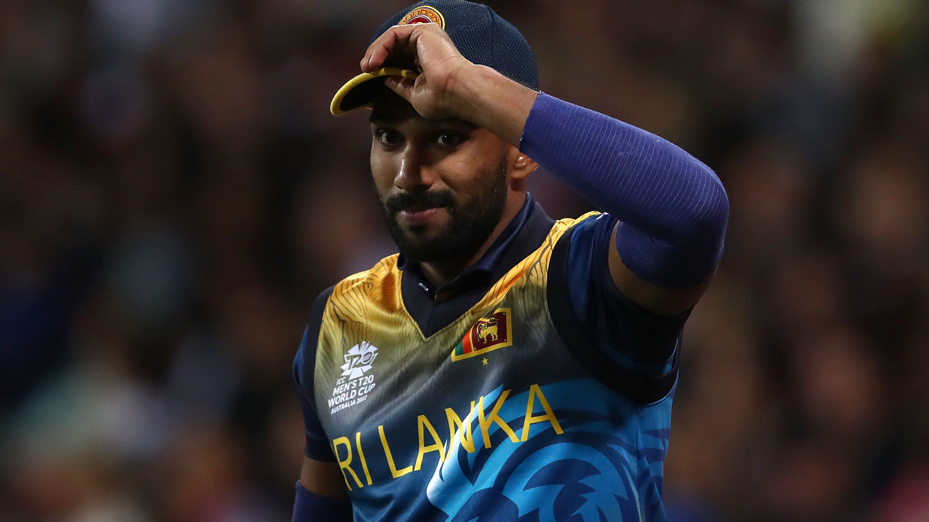 Chamika Karunaratne of Sri Lanka  during the ICC men&#x27;s T20 World Cup. (Photo by Jason McCawley-ICC/ICC via Getty Images)
