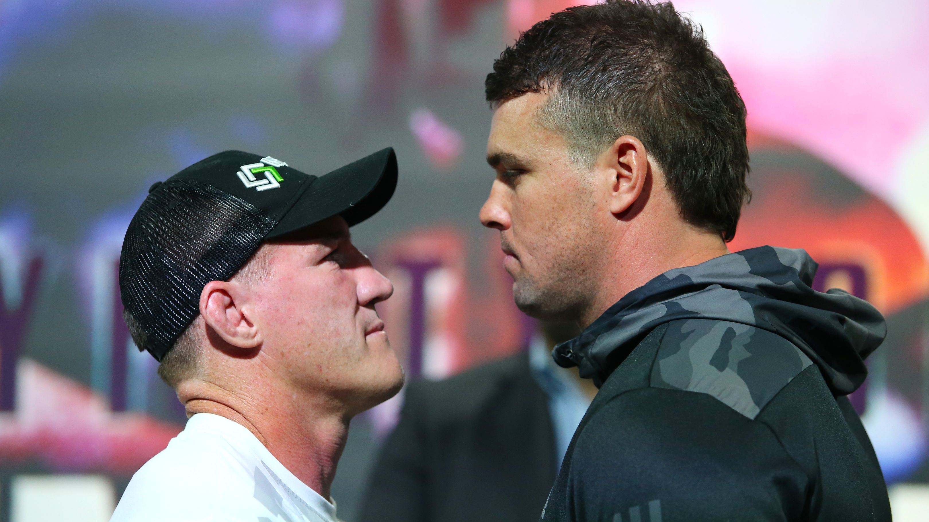 Paul Gallen and Darcy Lussick face off during a press conference ahead of their fight on December 22.