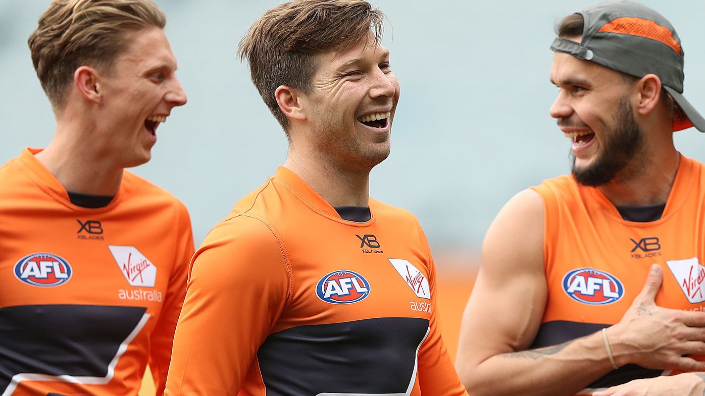 Toby Greene and Zac Williams of the Giants share a laugh during a Greater Western Sydney Giants AFL training session