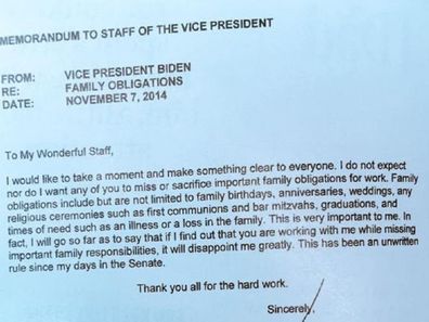 Joe Biden note to staff about Thanksgiving in 2014.