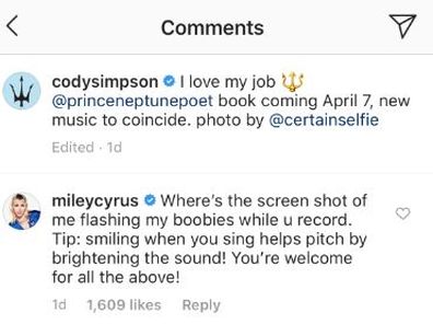 Miley Cyrus, Cody Simpson, Instagram, comment, flashing