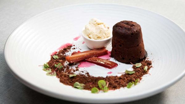 The Butler's Chocolate fondant with poached rhubarb and rhubarb ice cream