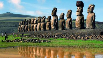 Giant volcanic rock statues at the Easter Island.