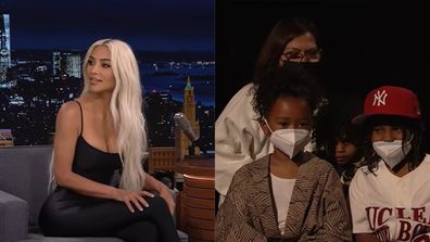 Left: Kim Kardashian. Right: Her kids Saint and Psalm with their friend Remie.