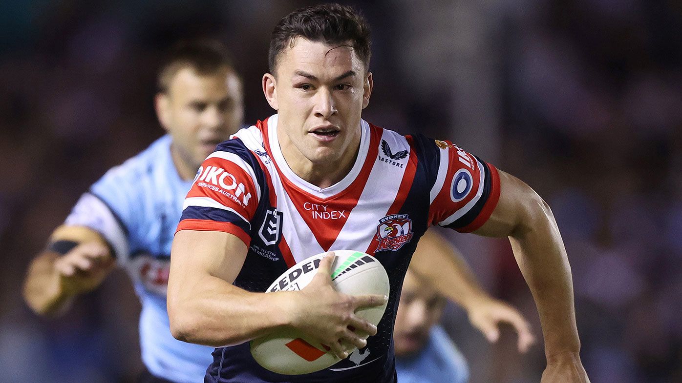 Joseph Manu pictured in action for the Sydney Roosters during the 2023 NRL finals series