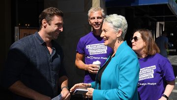 Independent candidate for Wentworth Kerryn Phelps speaks with constituents in Double Bay, Sydney.