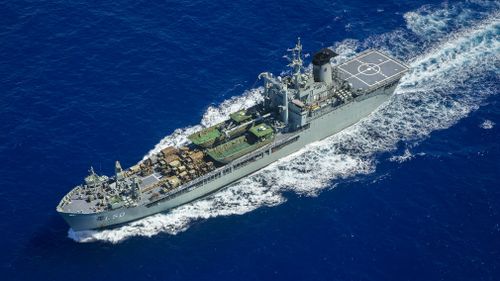 HMAS Tobruk, navigates her way to Vanuatu, to commence the ships involvement in Operation Pacific Assist 2015. Picture: AAP