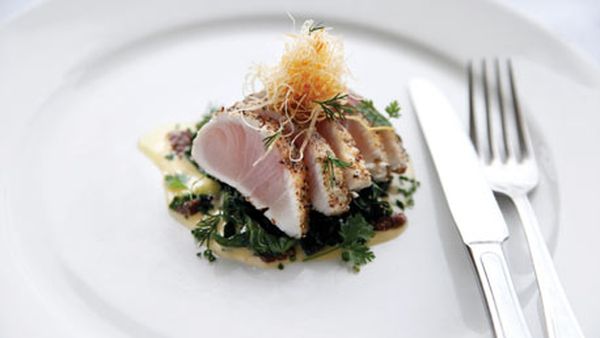 Margan Restaurant's seared pepper crusted kingfish, crisp silverbeet and anchovy mayonnaise