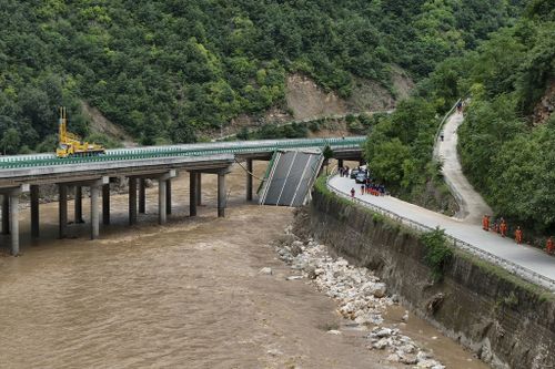A collapsed bridge in Zhashui County in Shangluo City, northwest China's Shaanxi Province