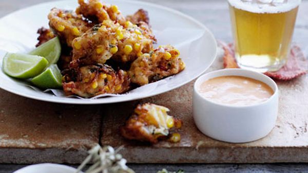 Crab, corn and mint fritters with lemon-paprika mayonnaise