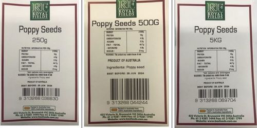 The national Food Standards Authority has issued a product recall for Royal Fields Poppy Seeds 250g, 500g and 5kg