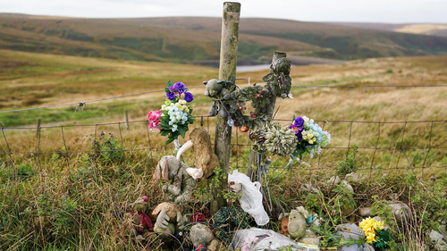 A memorial to Winnie Johnson and Keith Bennett on Saddleworth Moor as Police dig on the Moor for the first time in 35 years.
