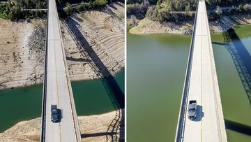 A car crosses Enterprise Bridge over Lake Oroville&#x27;s dry banks on May 23, 2021, left, and the same location on March 26, 2023, in Butte County, California