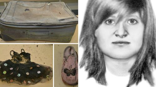 Objects found at the SA crime scene (left) and a sketch released of Karlie Pearce-Stevenson, after police found her remains in 2010.