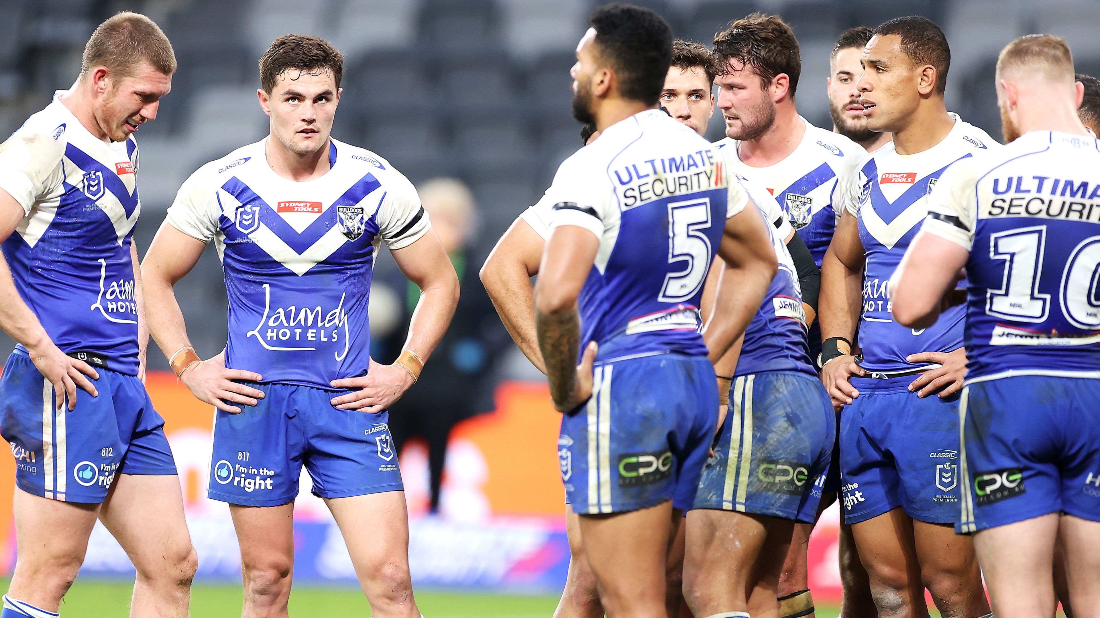 Canterbury Bulldogs players react to conceding against Manly.