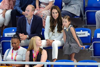 Prince William, Duke of Cambridge, Catherine, Duchess of Cambridge and Princess Charlotte of Cambridge attend the Sandwell Aquatics Centre during the 2022 Commonwealth Games on August 02, 2022 in Birmingham, England 