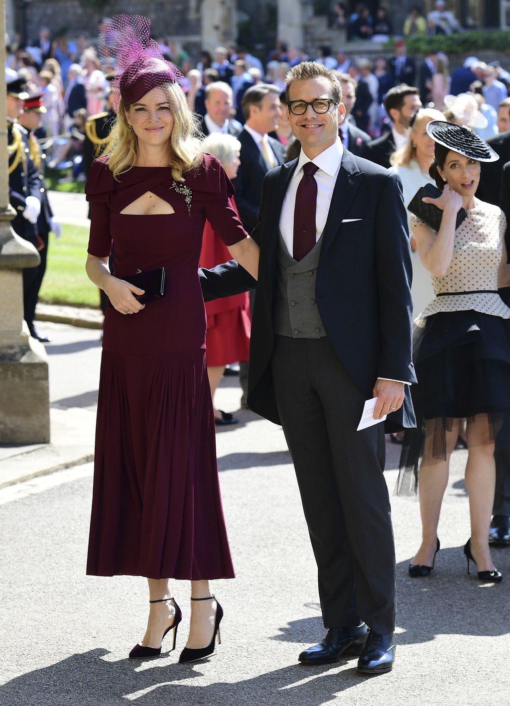 Aussie actress Jacinda Barrett with cut outs in all the right places, with husband and Meghan Markle's former Suits co-star<strong>&nbsp;</strong>Gabriel Macht photographed at the Royal wedding