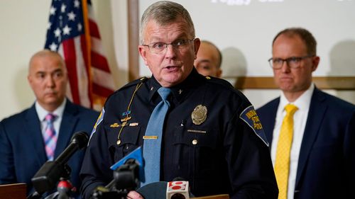 Indiana State Police Superintendent Douglas Carter speaks to family members and the media after police announced the identity of the suspect in the "Days Inn" cold case murders during a press conference in Indianapolis, Tuesday, April 5, 2022. Police identified the suspect as Harry Edward Greenwell more than 30 years after three women were killed and another assaulted using investigative genealogy